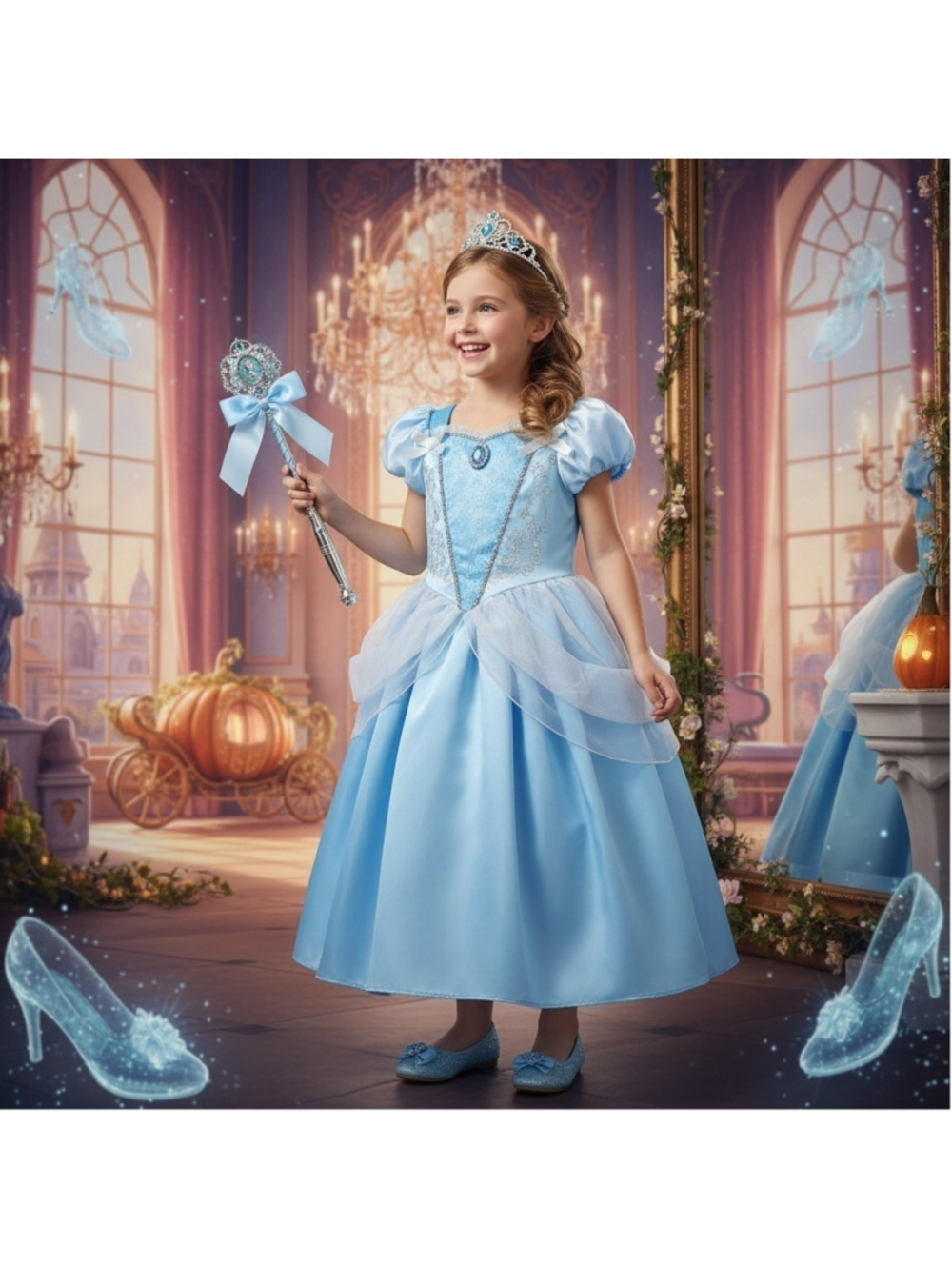 SET Disney Princess CINDERELLA Costume Cosplay Wand Tiara Shoes Halloween SZ 13
